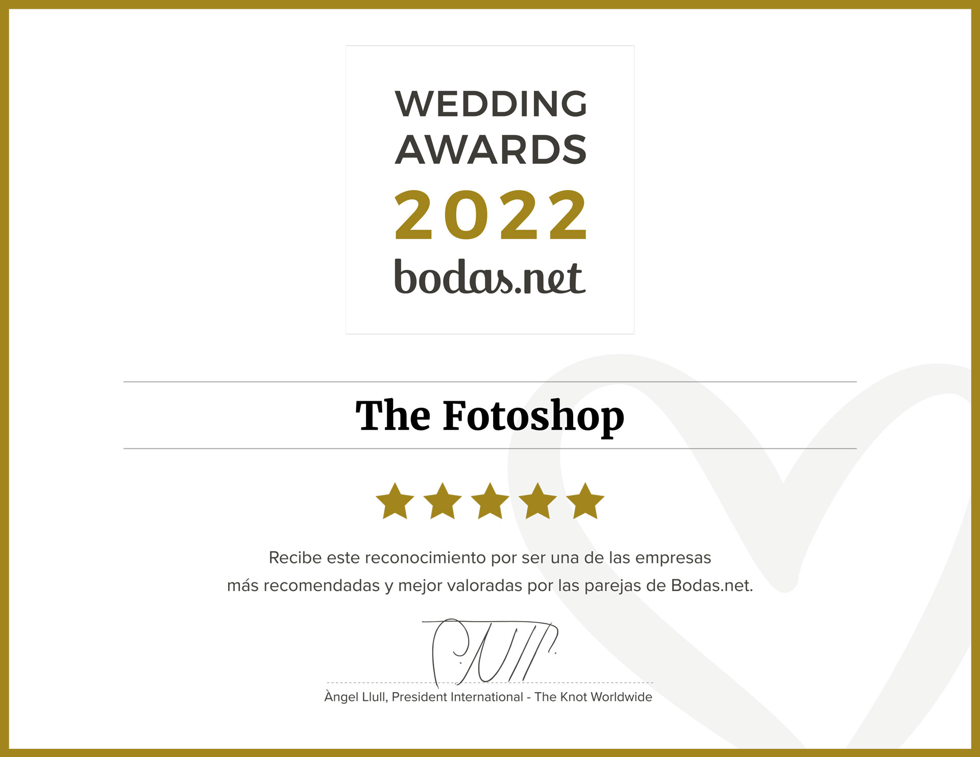 UN AÑO MÁS, THE FOTOSHOP SE HACE CON EL GALARDÓN MÁS IMPORTANTE EN EL SECTOR NUPCIAL: WEDDING AWARD 2022